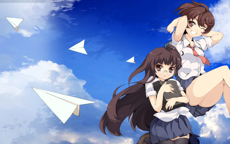 Two Girls with Paper Airplanes — Blue