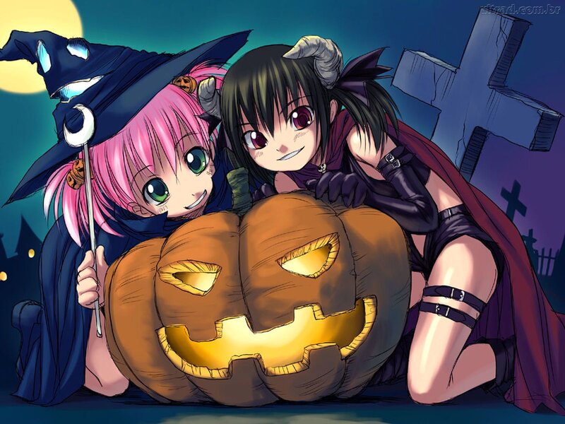 Two Girls with Pumpkin — Blue, Playful
