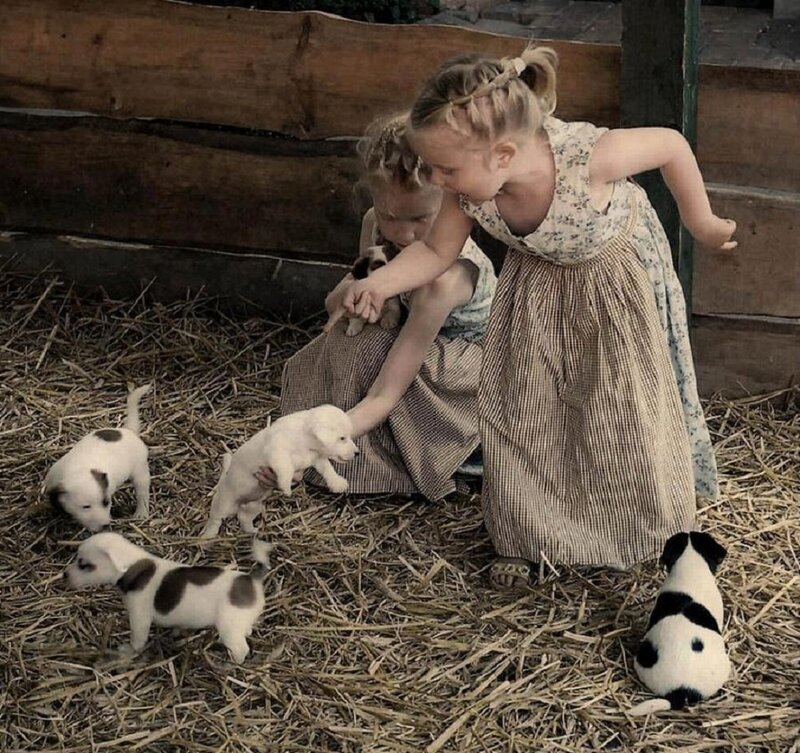 Two Girls with Puppies