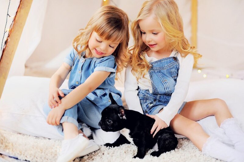 Two Girls with Puppy — White