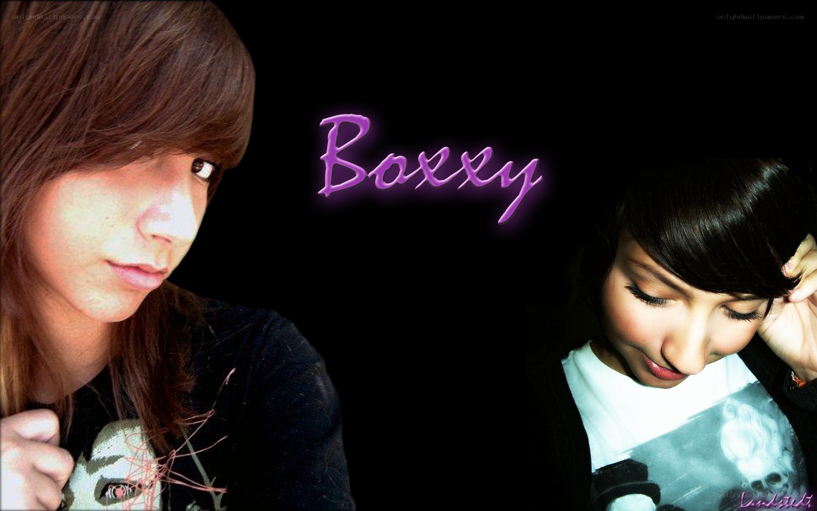 two girls with purple text