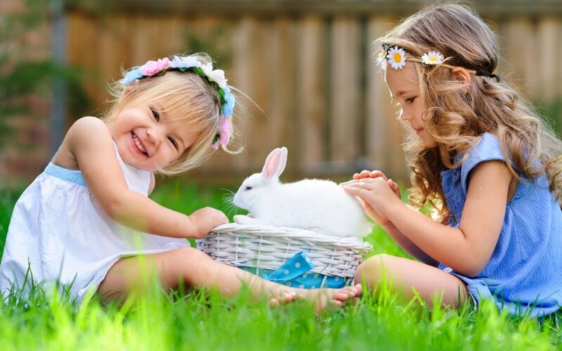 Two Girls with Rabbit — Green, Peaceful, Afternoon