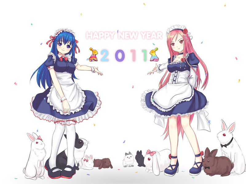 Two Girls with Rabbits — Blue