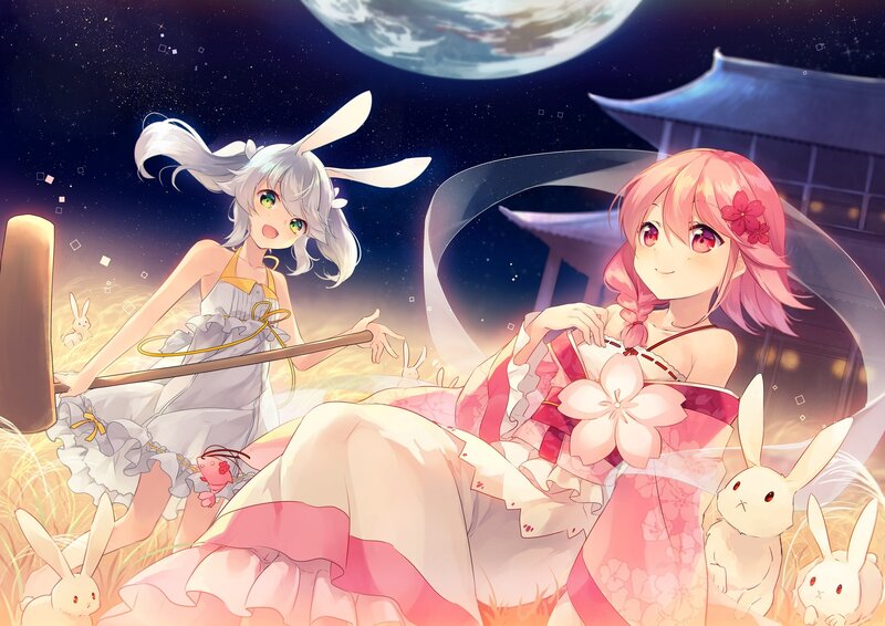 Two Girls with Rabbits — Pink