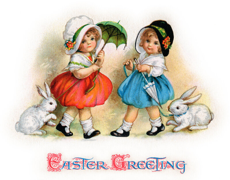 Two Girls with Rabbits — White