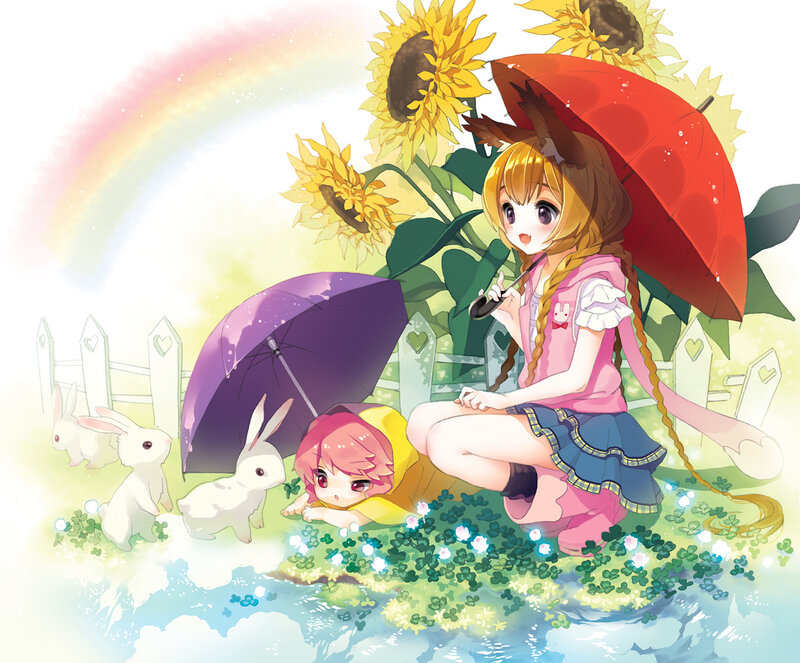 Two Girls with Rabbits — Yellow