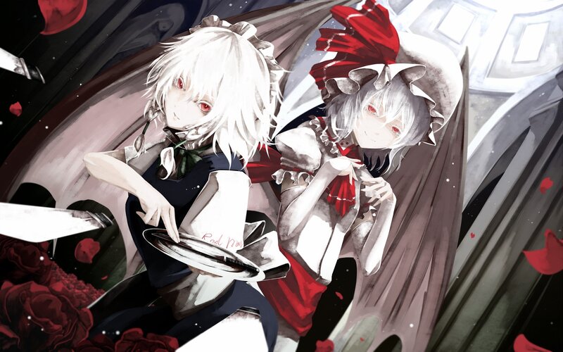 Two girls with red eyes and roses