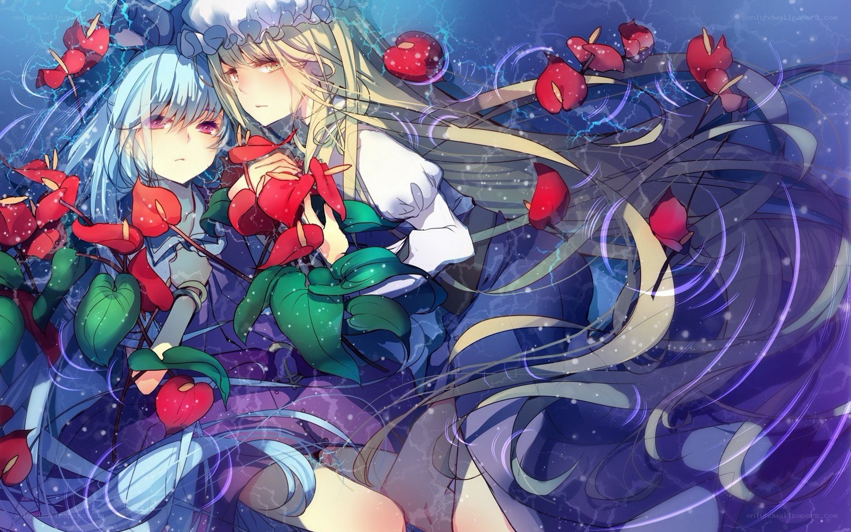 two girls with red flowers