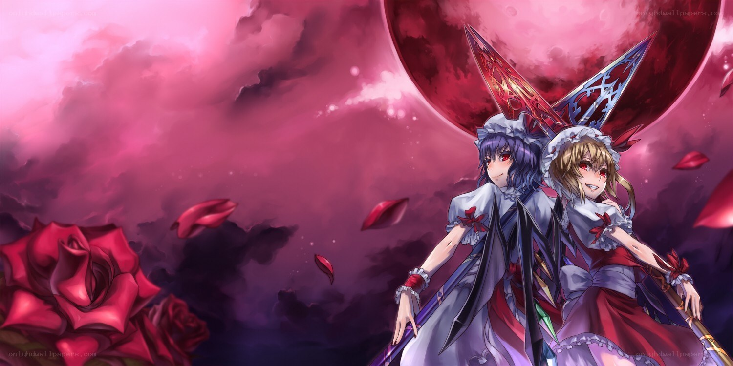 Two girls with red moon backdrop