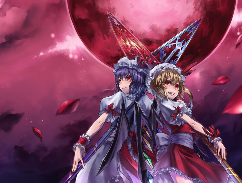 Two girls with red moon background