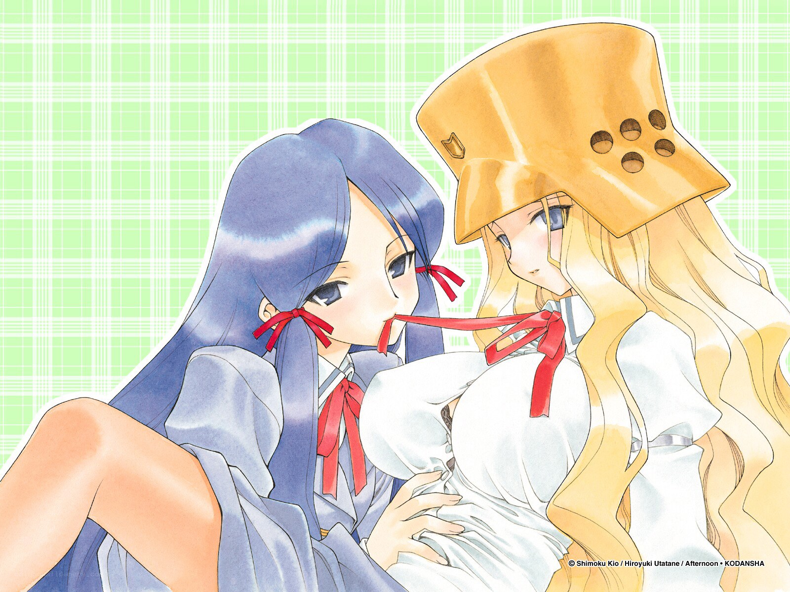 Two girls with red ribbons