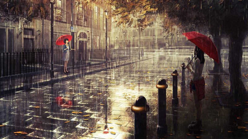Two Girls with Red Umbrellas — Melancholic, Autumn, Digital Art