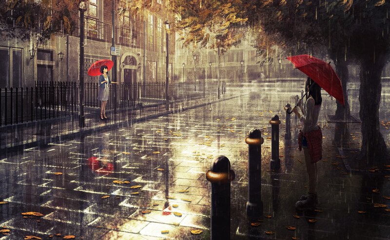 Two Girls with Red Umbrellas — Melancholic
