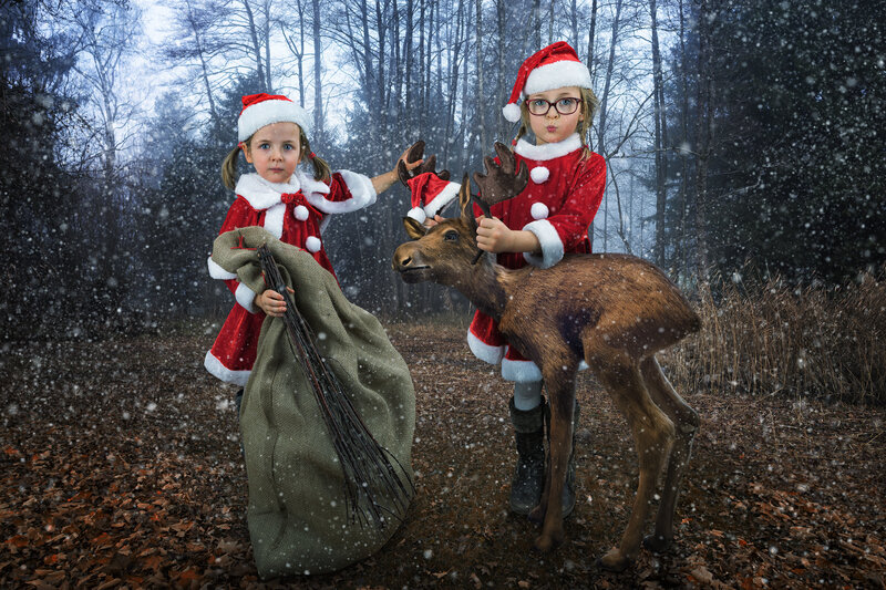 Two Girls with Reindeer — Red