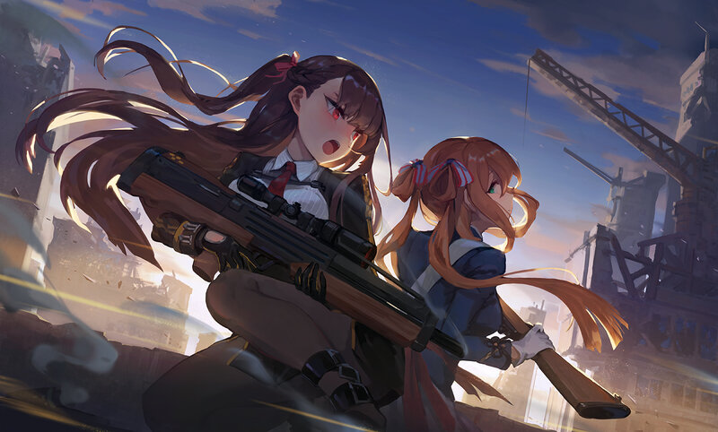 Two Girls with Rifles — Blue, Dramatic, Sunset