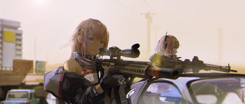 Two Girls with Rifles — Brown, Dramatic