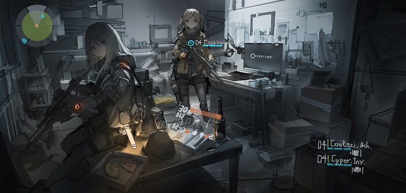 Two Girls with Rifles — Gray, Dramatic