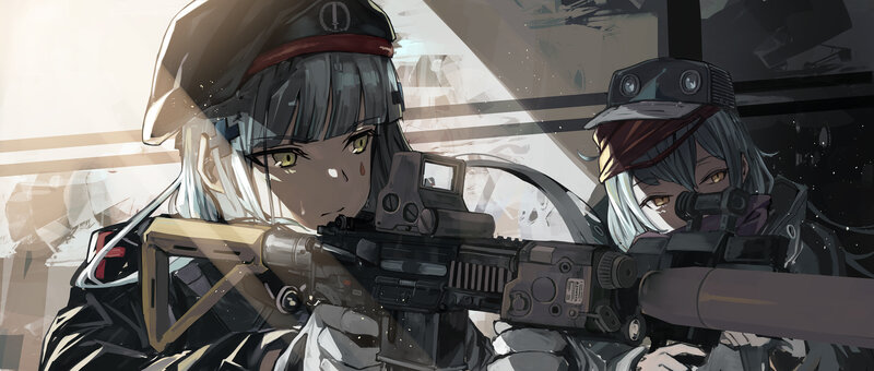 Two Girls with Rifles — Gray, Tense
