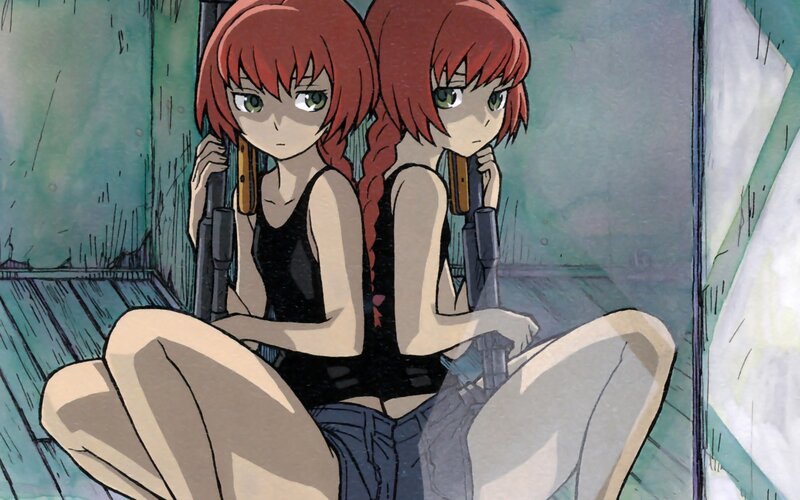Two girls with rifles in a bunker