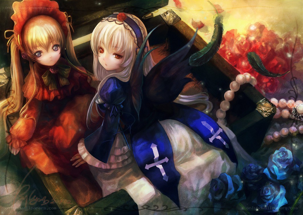 Two girls with roses and feathers