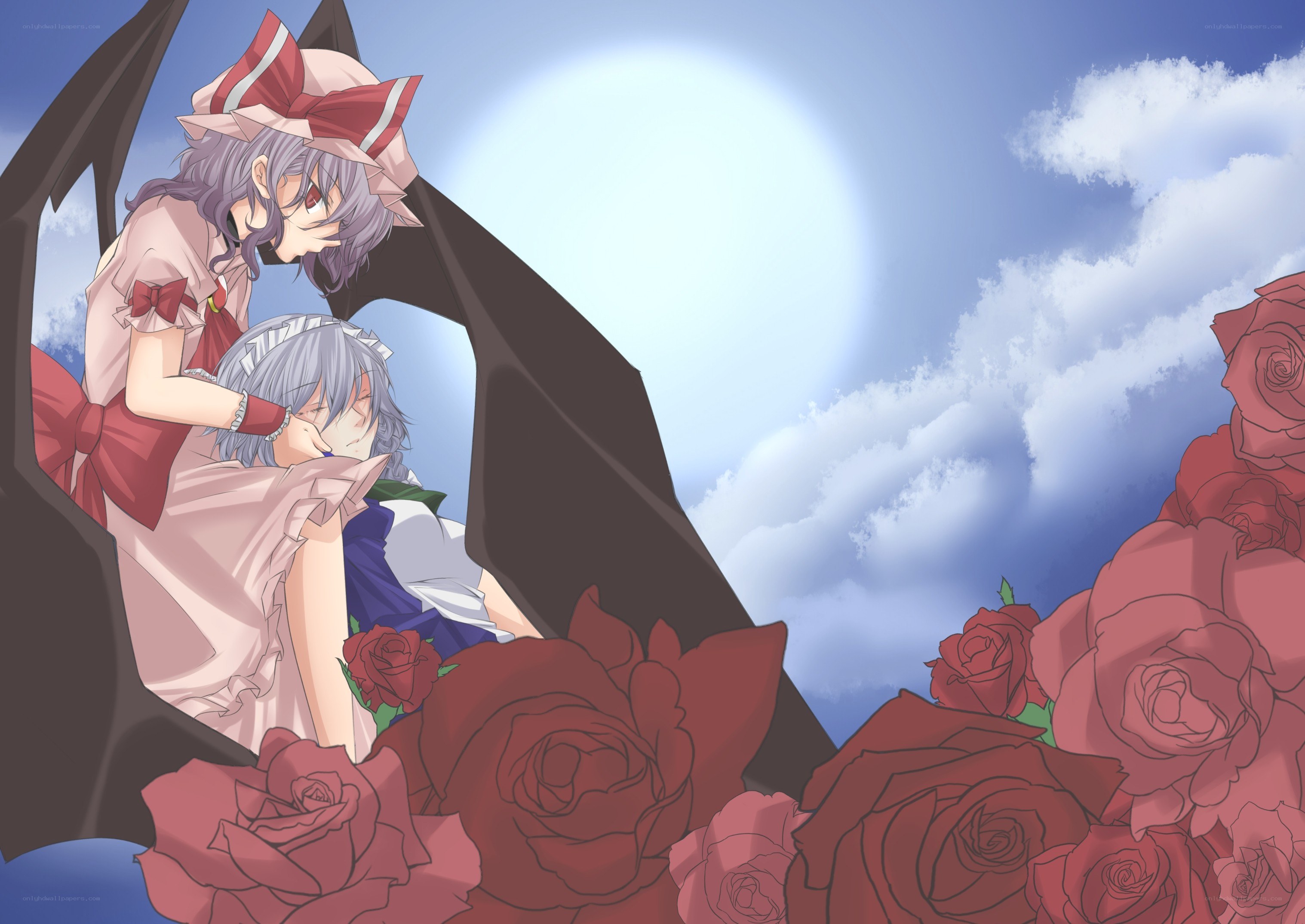 Two girls with roses and wings