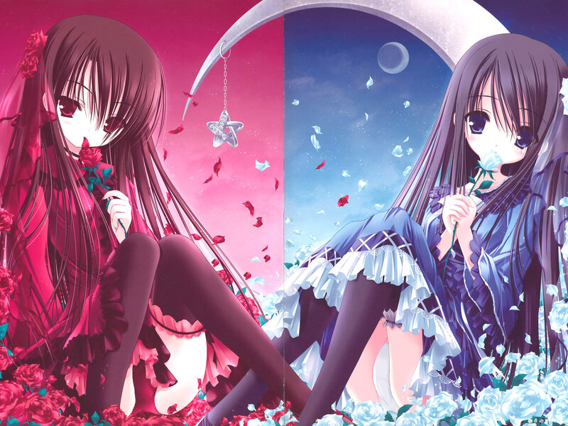 Two girls with roses in a dual world
