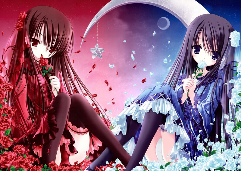 Two girls with roses under a crescent moon