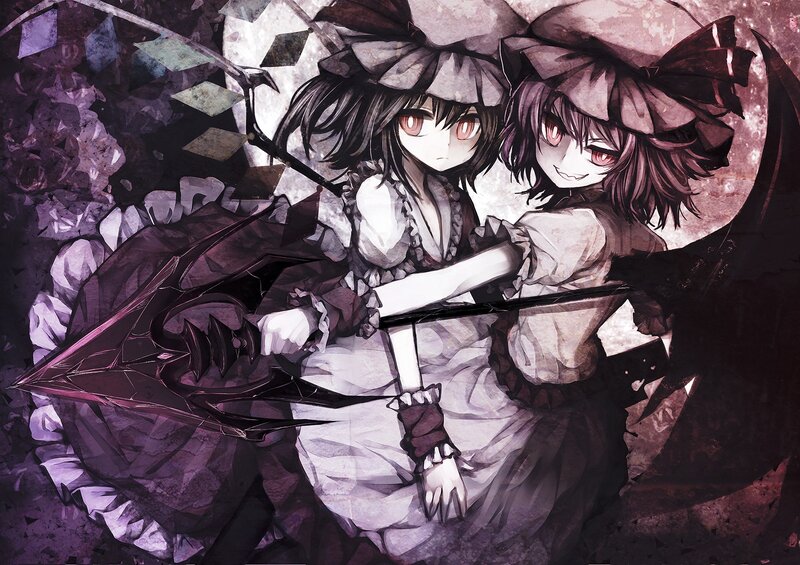 Two girls with scythes in a dark setting
