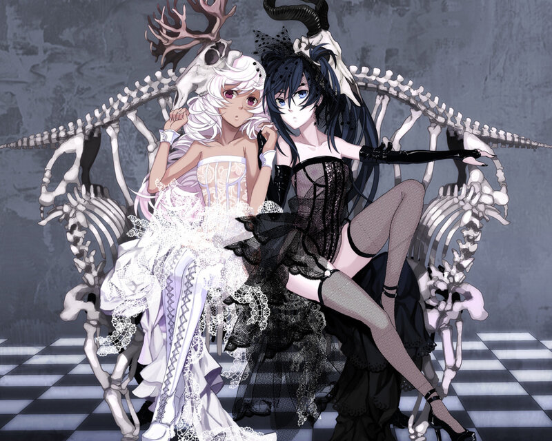 Two girls with skeletons