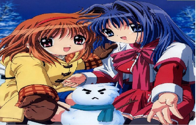 Two Girls with Snowman — Blue