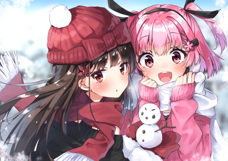 Two Girls with Snowman — Pink