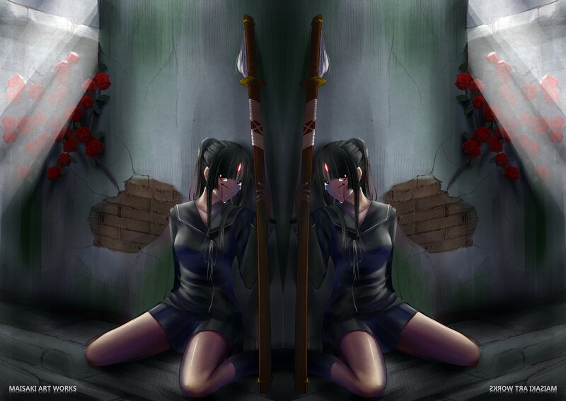Two girls with spears in a ruined room