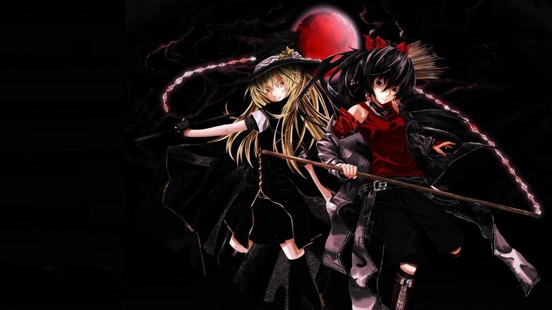 two girls with staffs in dark scene