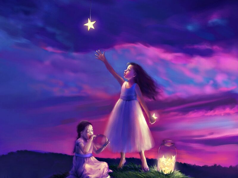 Two Girls with Stars — Purple