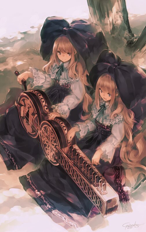 Two Girls with String Instrument