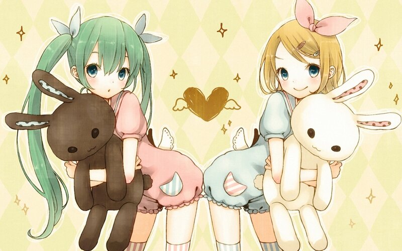 Two Girls with Stuffed Bunnies — Green