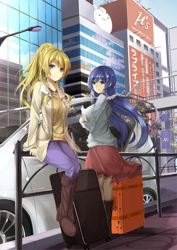 Two Girls with Suitcases — Blue