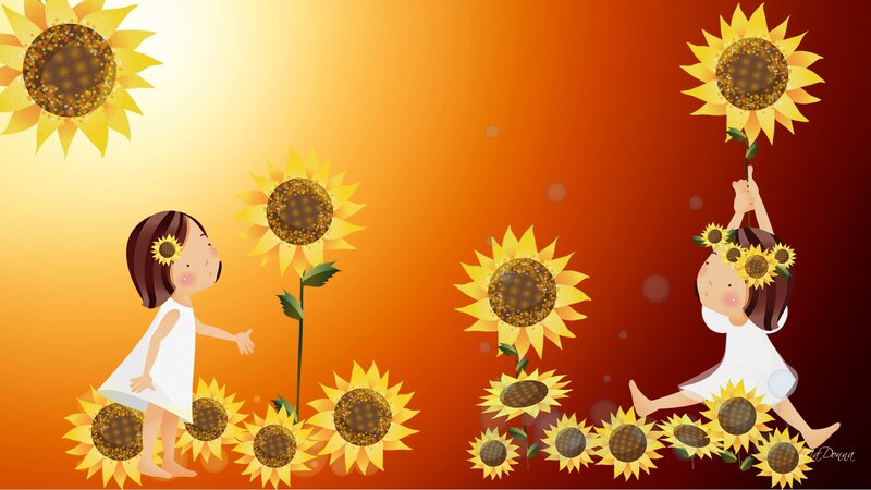 Two Girls with Sunflowers — Orange