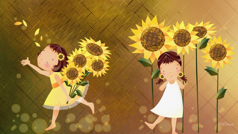 Two Girls with Sunflowers — Yellow, Playful