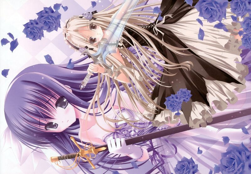 Two girls with swords and roses