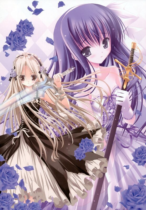 Two girls with swords and roses
