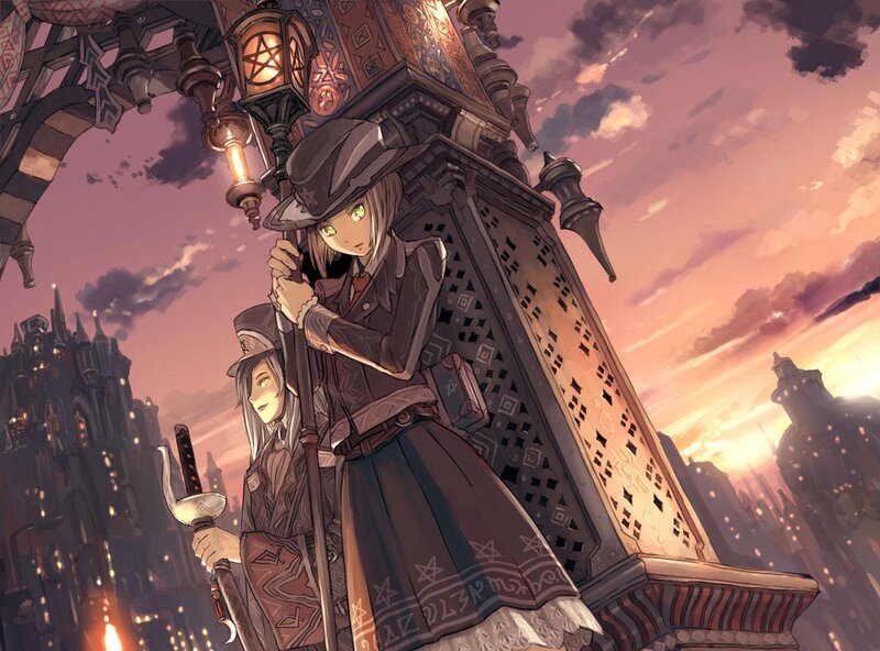 Two girls with swords at sunset