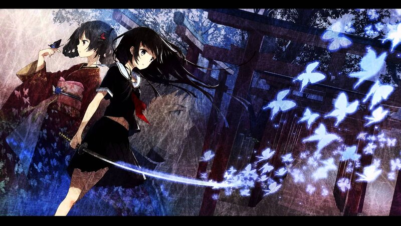Two Girls with Swords — Blue, Dramatic, Night, Anime, Butterflies