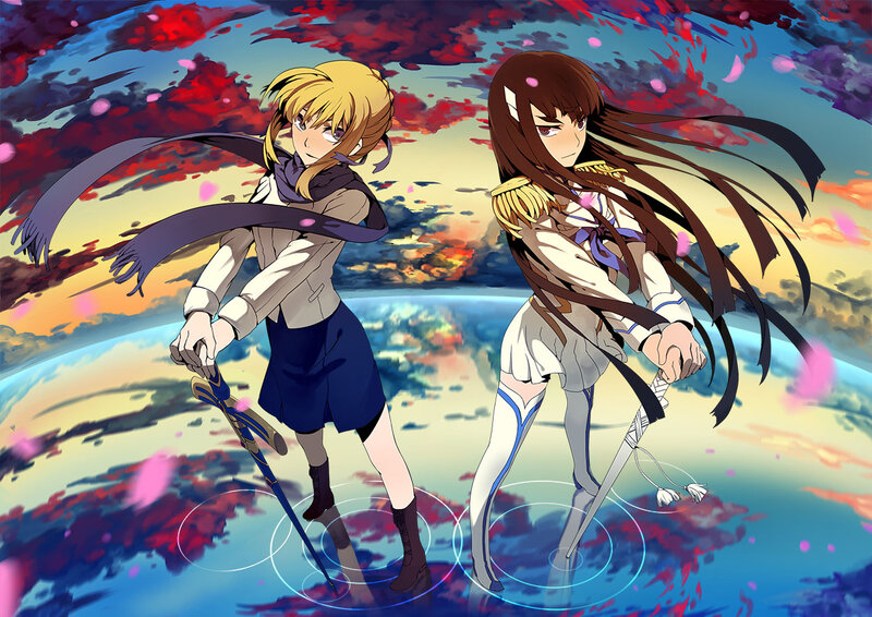 Two Girls with Swords — Blue, Dramatic, Sunset