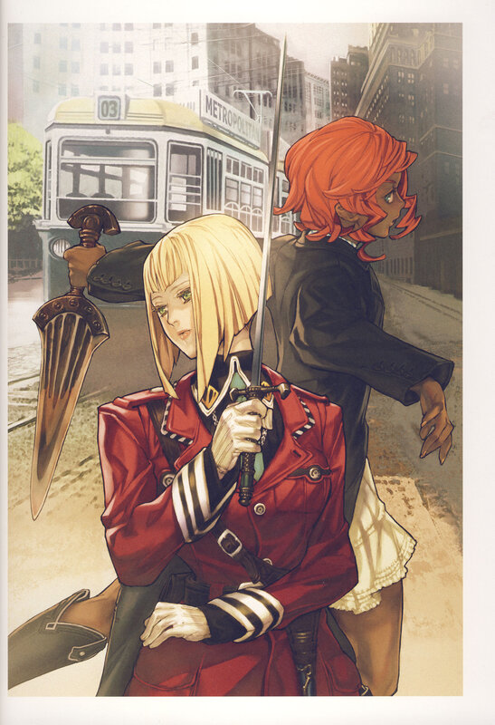Two girls with swords in a city
