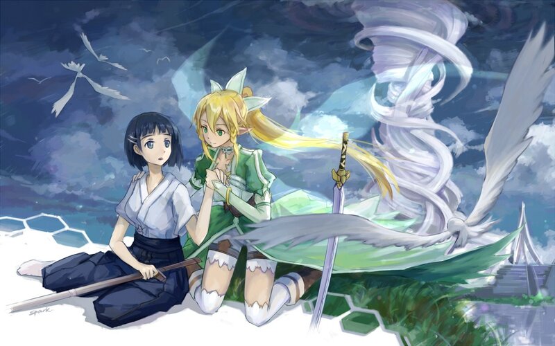 Two girls with swords in a storm