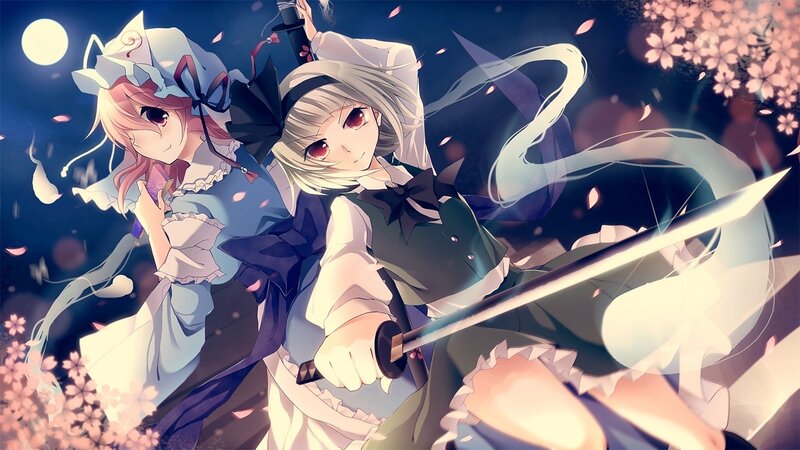 Two girls with swords in cherry blossom