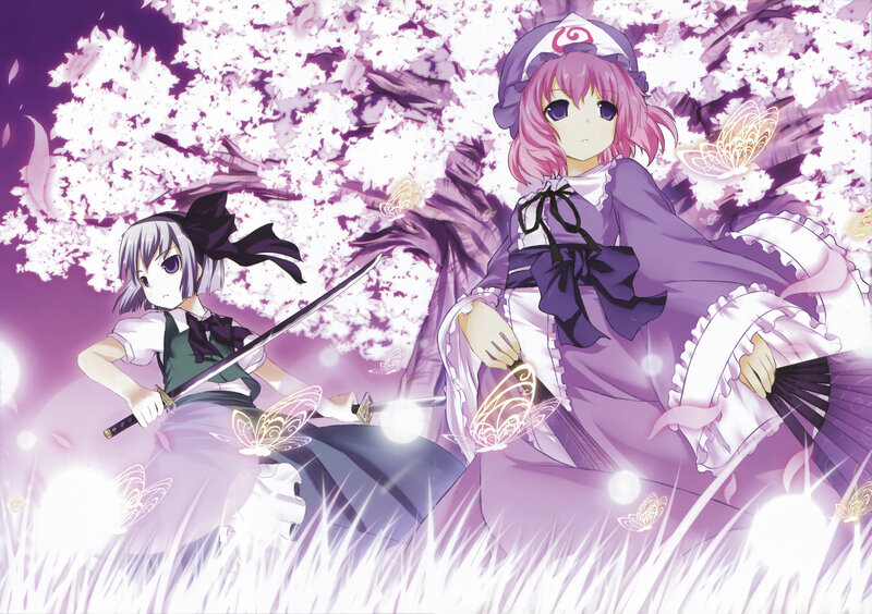 Two girls with swords in cherry blossoms