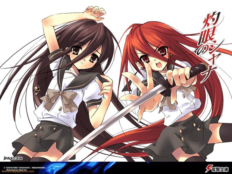 Two girls with swords in school uniforms