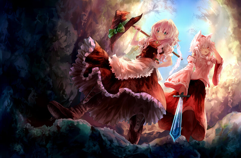 Two Girls with Swords — Pink, Dramatic, Afternoon